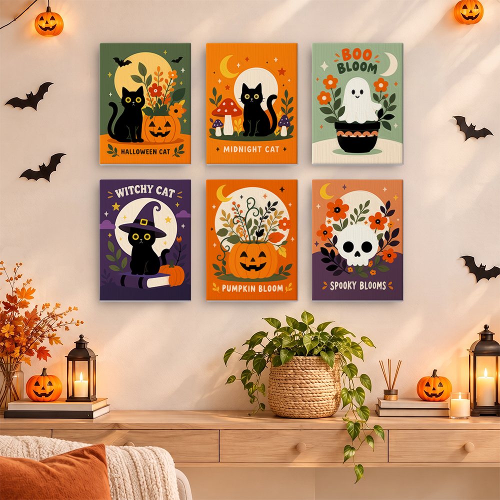 Painting a Spooky Blooms mini canvas propped up beside numbered acrylic paints