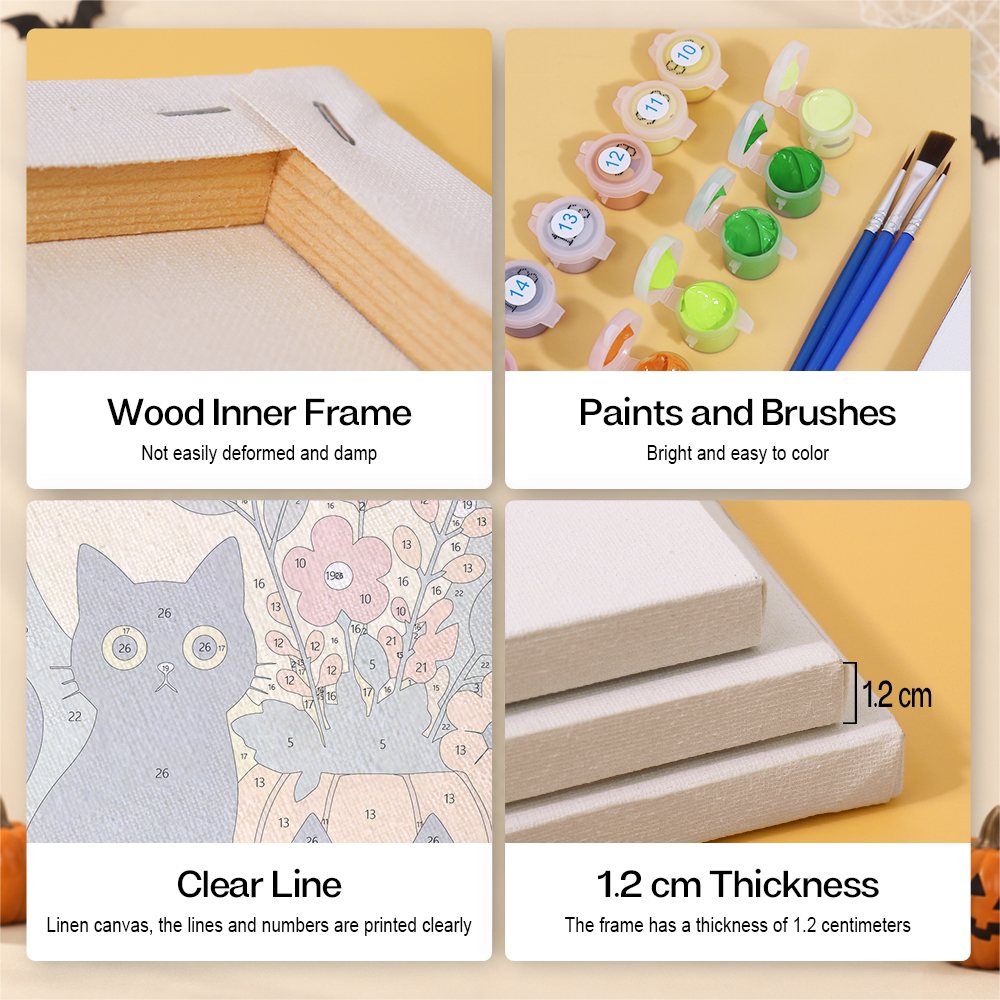 Spooky Blooms mini paint by numbers kit with six numbered canvases, acrylic paints, brushes and layout