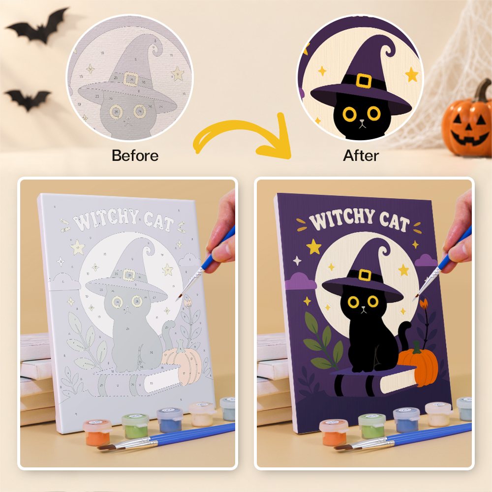 What's included without a frame: six rolled Spooky Blooms mini canvases, acrylic paints, three brushes and layout