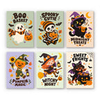 Spooky Cutie Sayings mini paint by numbers set: six cute Halloween designs with lettering, Boo Basket, Spooky Cutie, Midnight Treats, Pumpkin Magic, Witchy Night and Sweet Frights