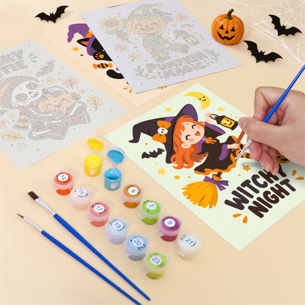Filling in a Spooky Cutie Sayings mini canvas with numbered acrylic paints and a fine brush
