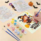 Filling in a Spooky Cutie Sayings mini canvas with numbered acrylic paints and a fine brush