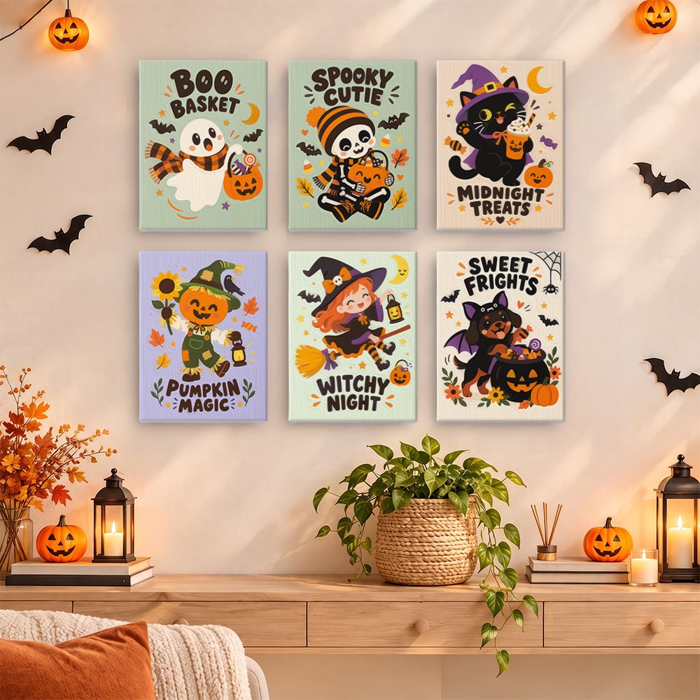 Spooky Cutie Sayings mini paintings displayed as a gallery wall in a sunny kitchen