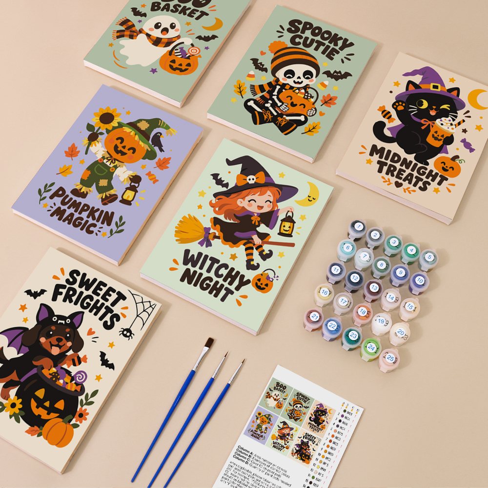 Spooky Cutie Sayings mini paint by numbers kit with six numbered canvases, acrylic paints, brushes and layout