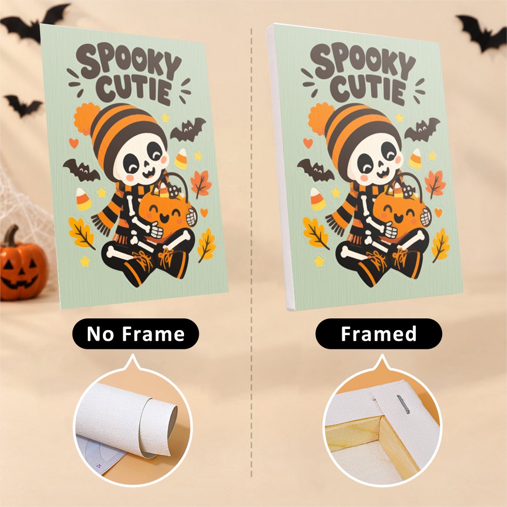 Spooky Cutie Sayings mini canvas shown rolled without a frame and pre-stretched on a frame