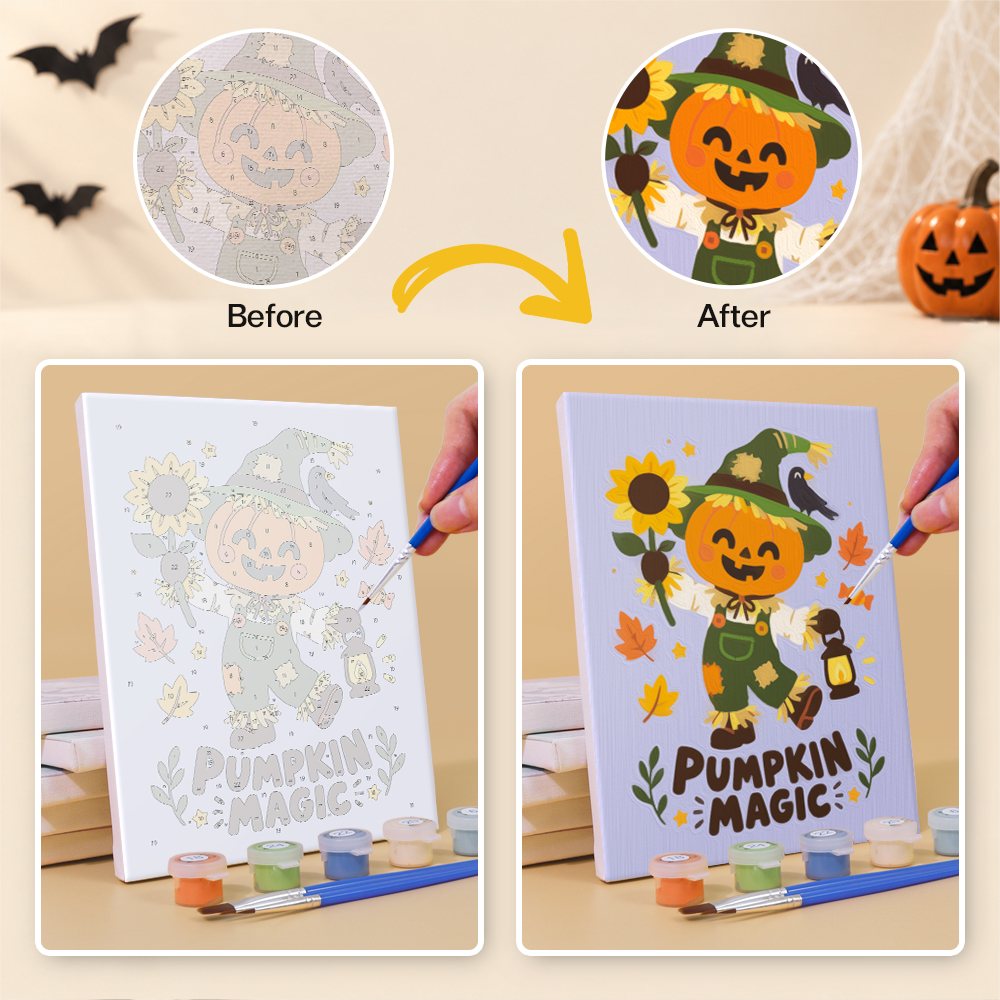 Before and after of a Spooky Cutie Sayings mini paint by numbers canvas