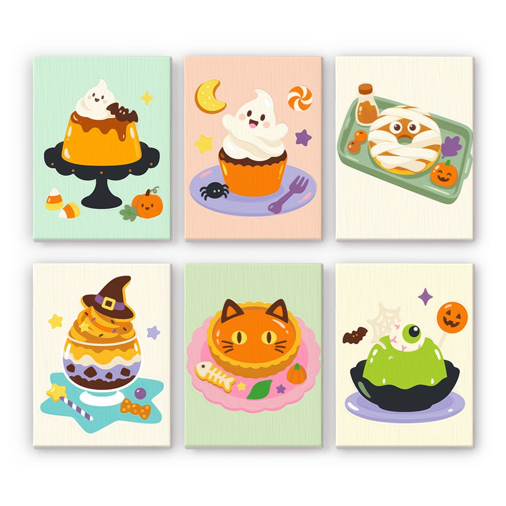 Spooky Dessert Bar mini paint by numbers set: six Halloween desserts, including a ghost pudding, ghost cupcake, mummy donuts, witch-hat sundae, cat pie and eyeball jelly