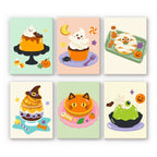Spooky Dessert Bar mini paint by numbers set: six Halloween desserts, including a ghost pudding, ghost cupcake, mummy donuts, witch-hat sundae, cat pie and eyeball jelly