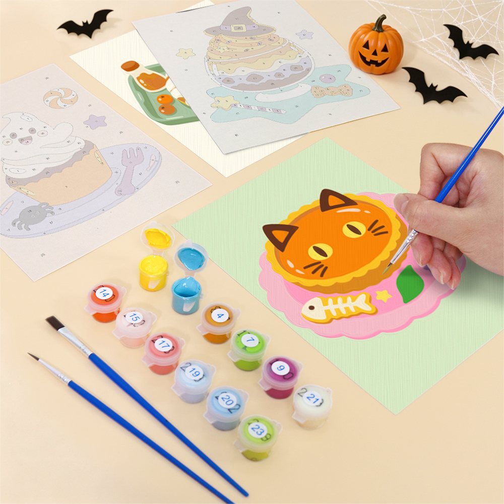 Filling in a Spooky Dessert Bar mini canvas with numbered acrylic paints and a fine brush