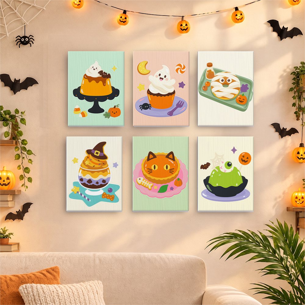 Six finished Spooky Dessert Bar mini paintings hung on a wall above a table