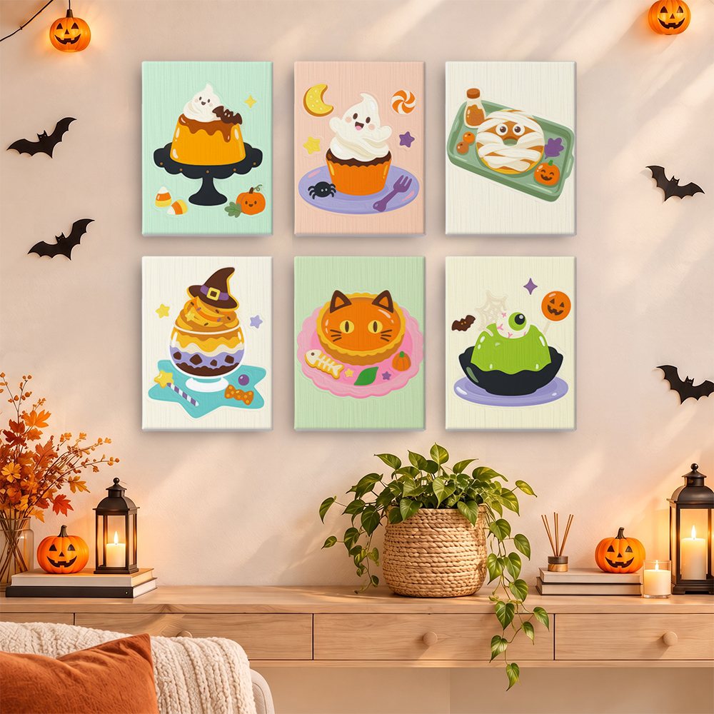 Spooky Dessert Bar mini paintings displayed as a gallery wall in a sunny kitchen