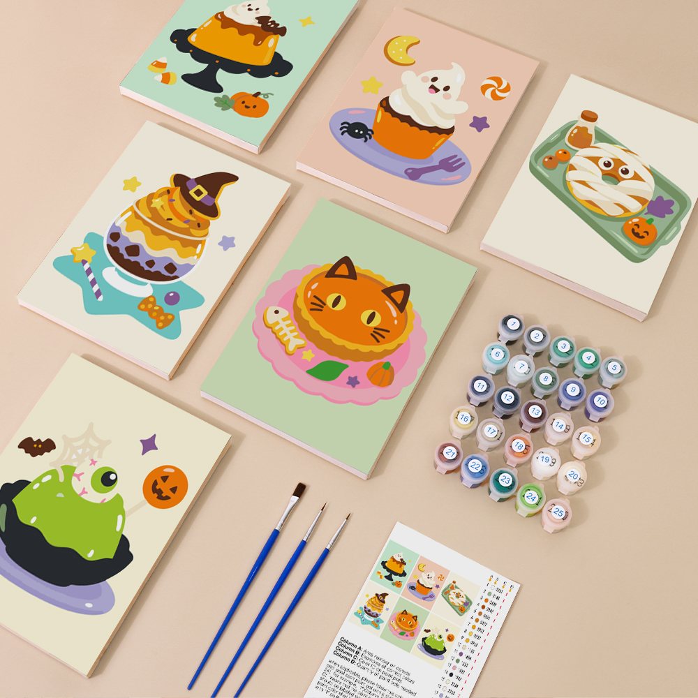 Spooky Dessert Bar mini paint by numbers kit with six numbered canvases, acrylic paints, brushes and layout