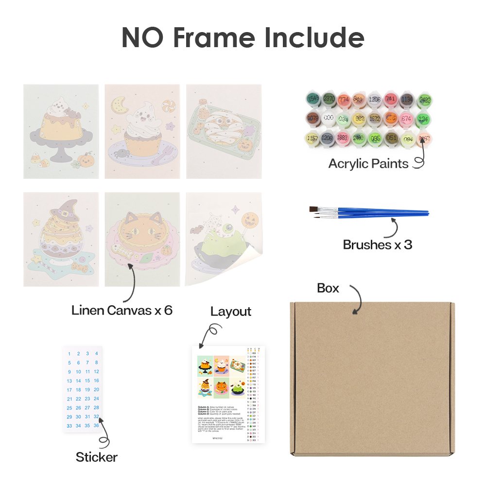 What's included without a frame: six rolled Spooky Dessert Bar mini canvases, acrylic paints, three brushes and layout