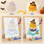 Before and after of a Spooky Dessert Bar mini paint by numbers canvas