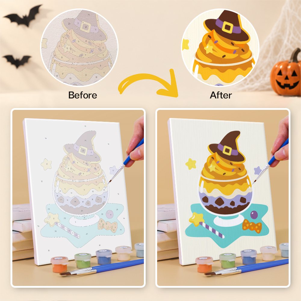 Before and after of a Spooky Dessert Bar mini paint by numbers canvas