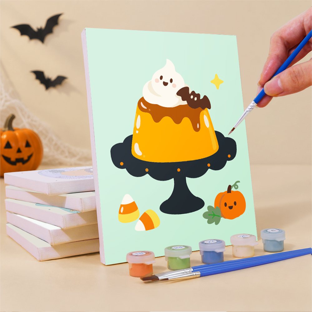 Painting a Spooky Dessert Bar mini canvas propped up beside numbered acrylic paints