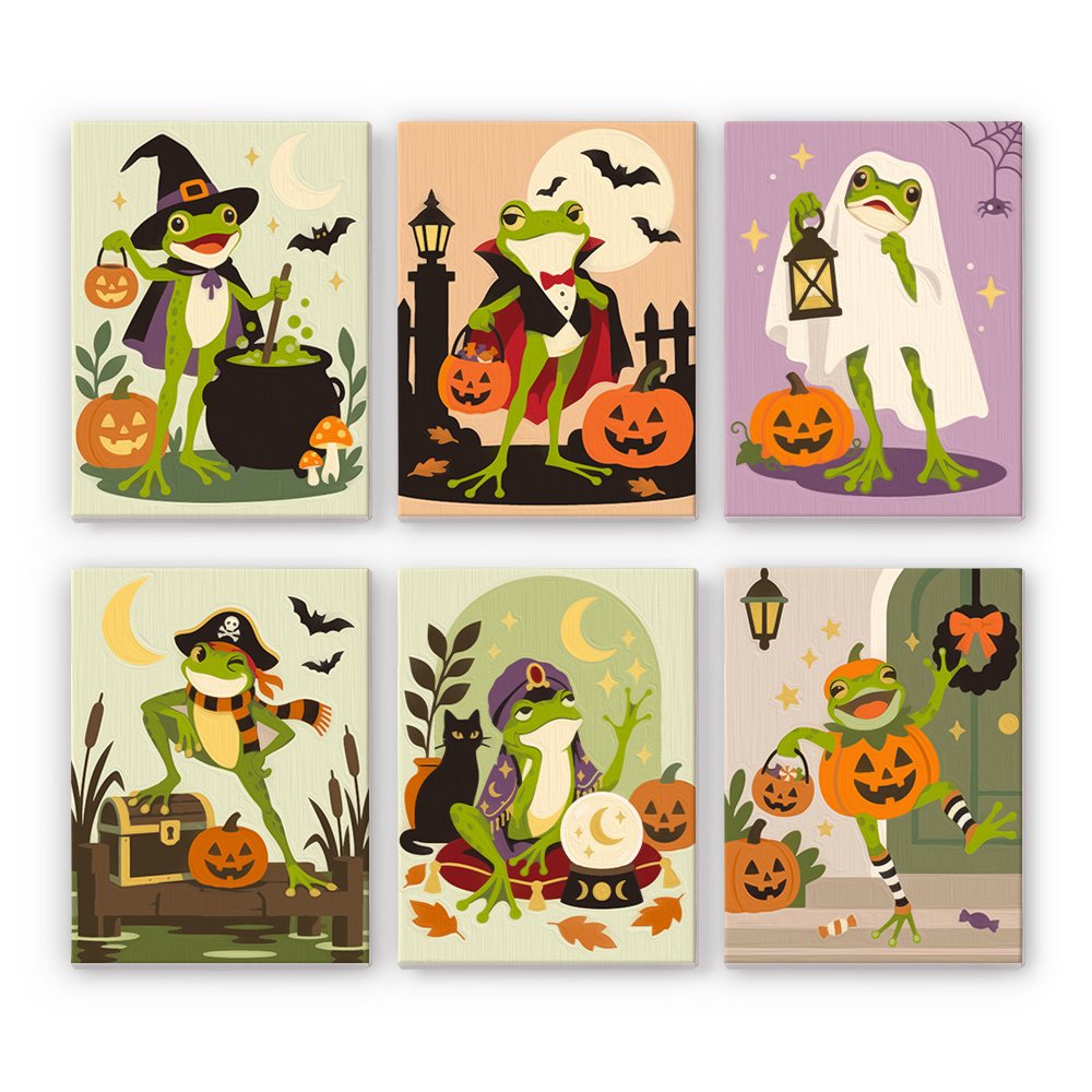 Spooky Frog Masquerade mini paint by numbers set: six frogs in Halloween costumes, including a witch, vampire, ghost, pirate, fortune teller and pumpkin