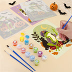 Filling in a Spooky Frog Masquerade mini canvas with numbered acrylic paints and a fine brush