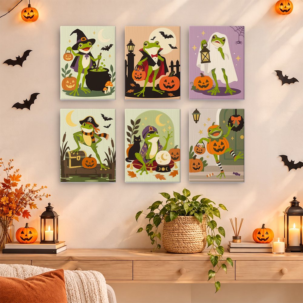 Spooky Frog Masquerade mini paintings displayed as a gallery wall in a sunny kitchen