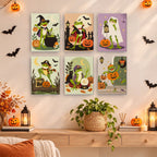Spooky Frog Masquerade mini paintings displayed as a gallery wall in a sunny kitchen
