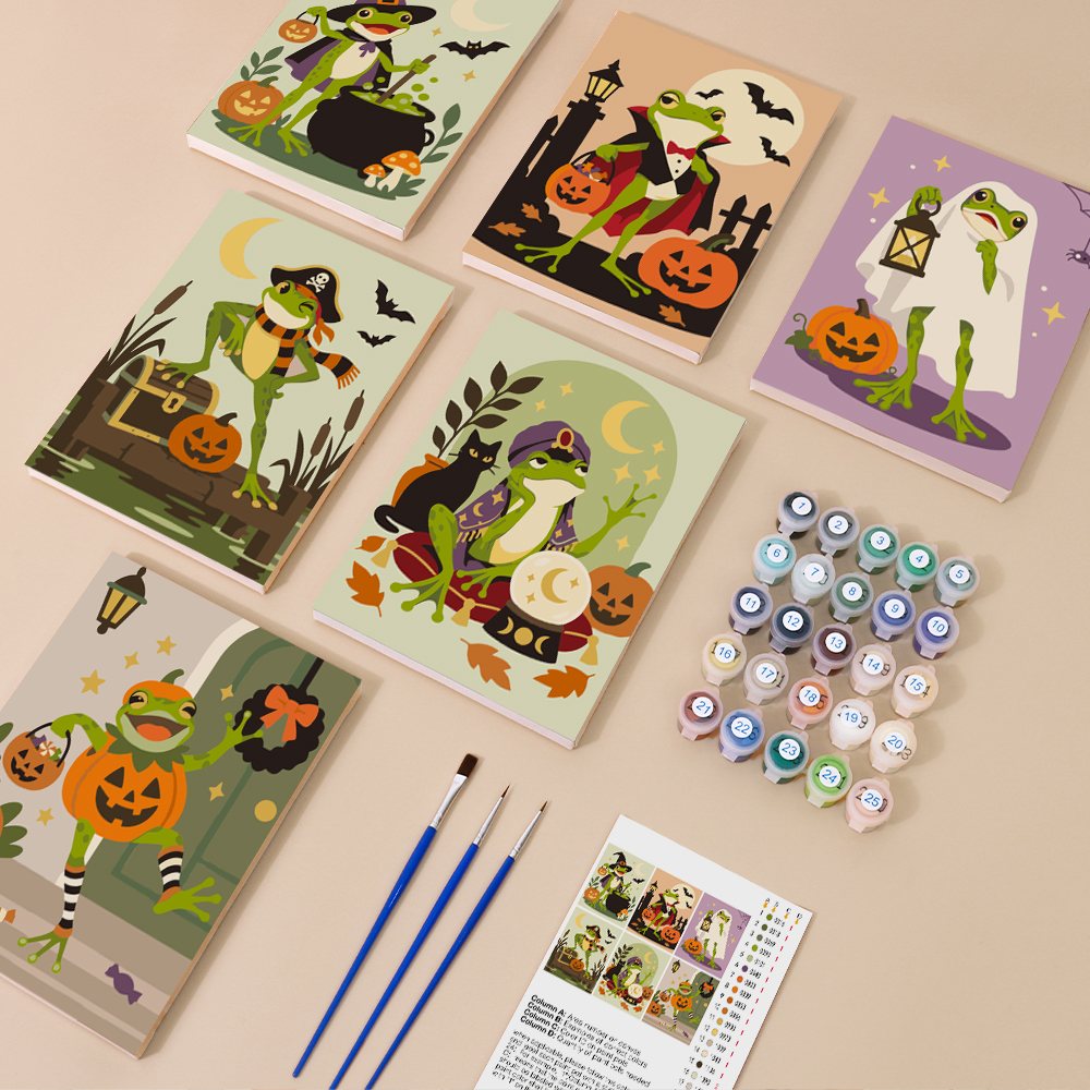 Spooky Frog Masquerade mini paint by numbers kit with six numbered canvases, acrylic paints, brushes and layout
