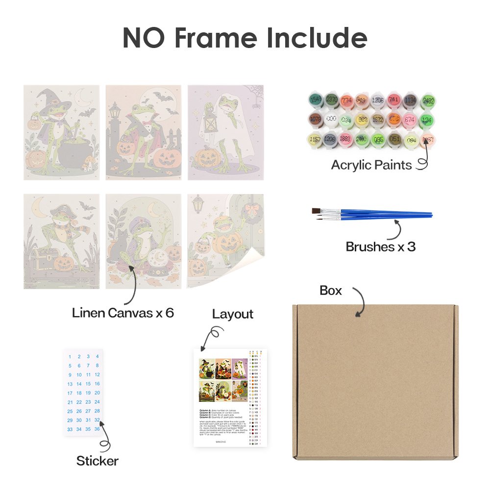 What's included without a frame: six rolled Spooky Frog Masquerade mini canvases, acrylic paints, three brushes and layout