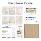 What's included pre-stretched on frame: six framed Spooky Frog Masquerade mini canvases, paints, three brushes, hangers and layout
