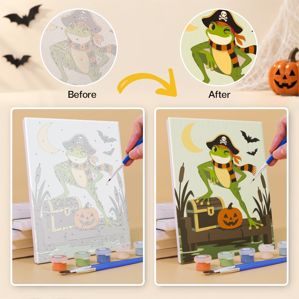 Before and after of a Spooky Frog Masquerade mini paint by numbers canvas
