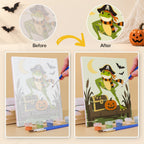 Before and after of a Spooky Frog Masquerade mini paint by numbers canvas