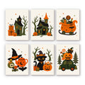 Spooky Holiday Crossover mini paint by numbers set: six whimsical Halloween vignettes on cream with haunted houses, a candy sleigh, a teapot, a black cat and a vintage car