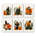 Spooky Holiday Crossover mini paint by numbers set: six whimsical Halloween vignettes on cream with haunted houses, a candy sleigh, a teapot, a black cat and a vintage car
