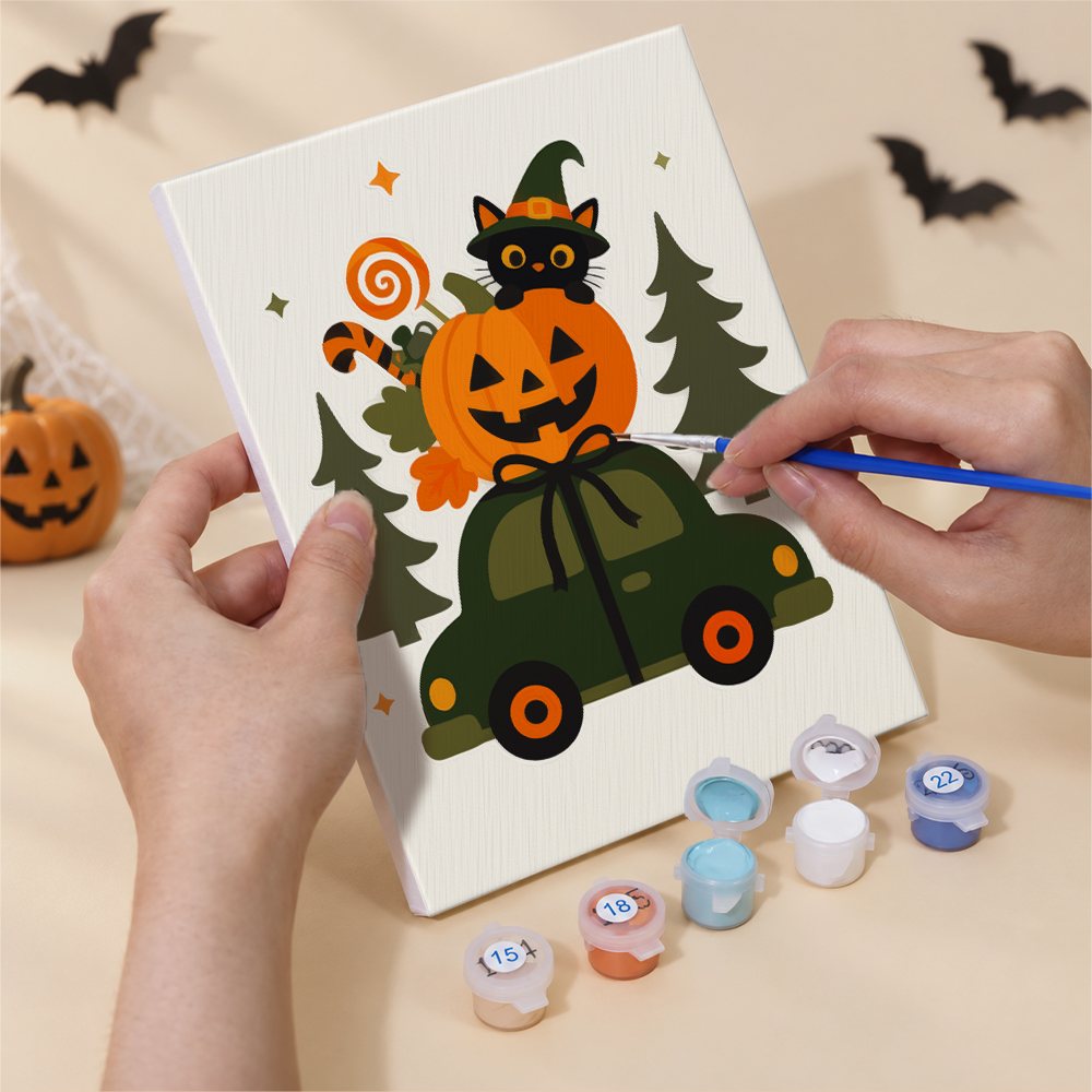 Numbered paint pots and brushes on a pre-stretched Spooky Holiday Crossover mini canvas