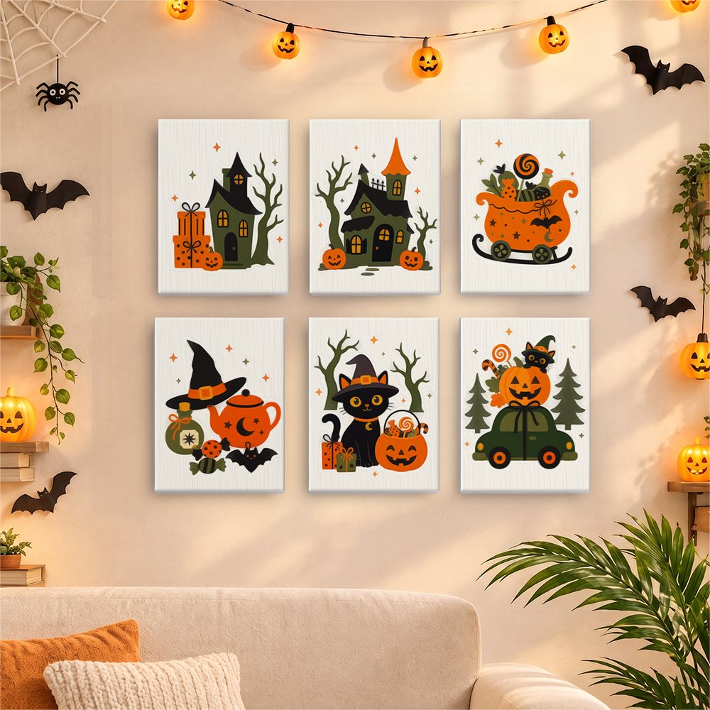 Before and after of a Spooky Holiday Crossover mini paint by numbers canvas