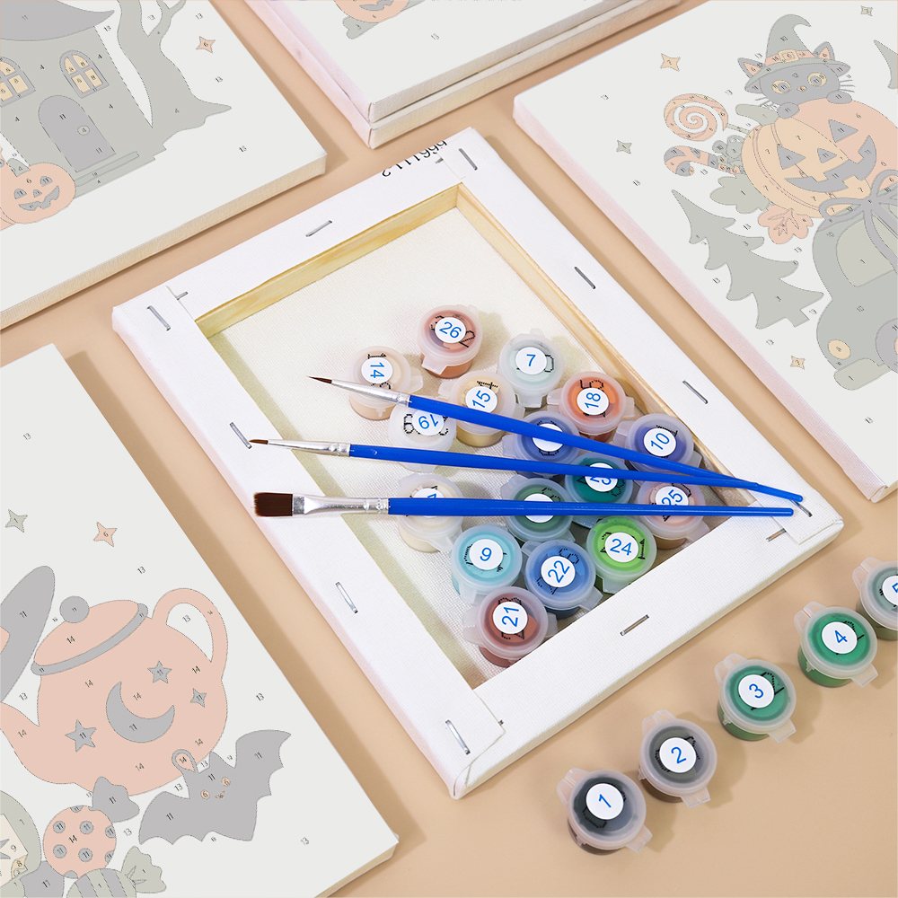 Spooky Holiday Crossover mini paintings displayed as a gallery wall in a sunny kitchen