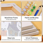 Spooky Holiday Crossover mini paint by numbers kit with six numbered canvases, acrylic paints, brushes and layout