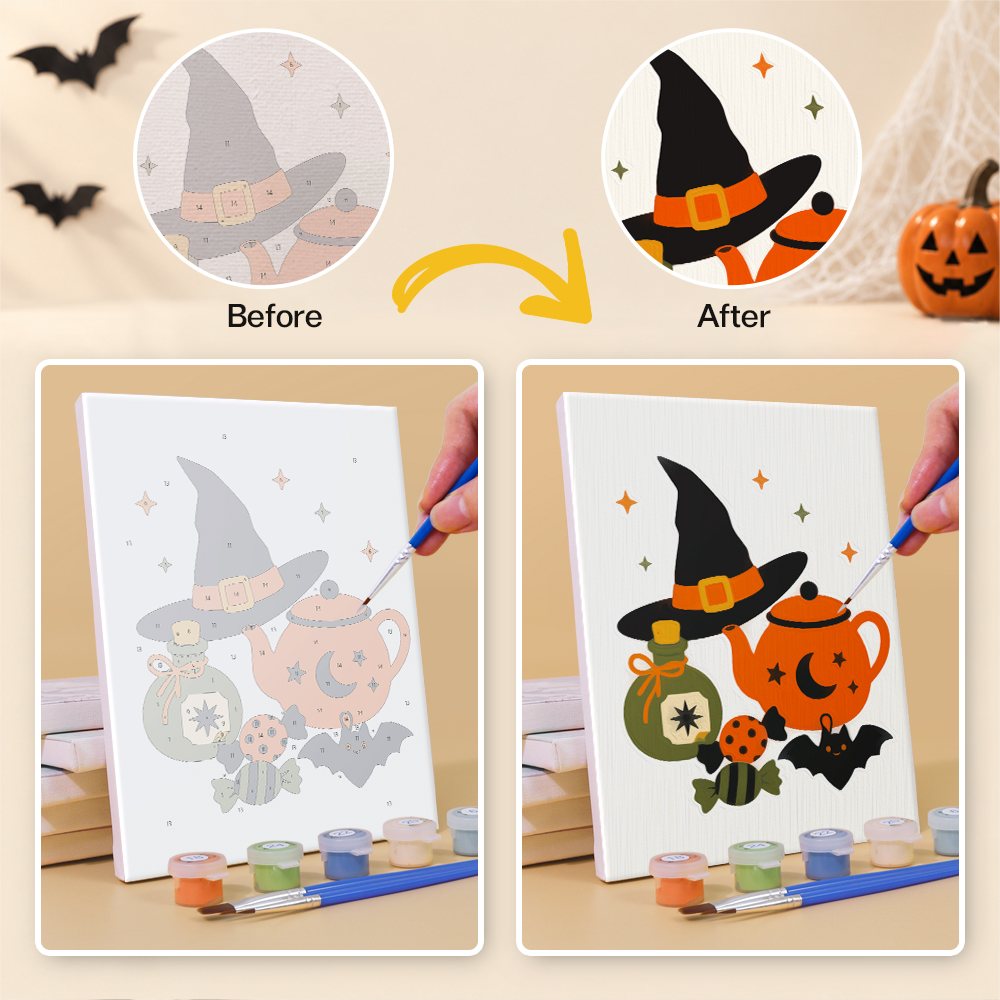 What's included without a frame: six rolled Spooky Holiday Crossover mini canvases, acrylic paints, three brushes and layout