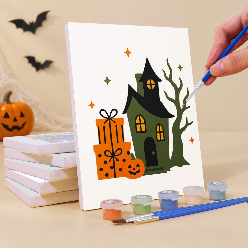 What's included pre-stretched on frame: six framed Spooky Holiday Crossover mini canvases, paints, three brushes, hangers and layout