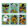 Spooky Season Slogans mini paint by numbers set: six bold Halloween slogans on teal with a bat, skeleton, witch hat, ghost, pumpkin and little witch
