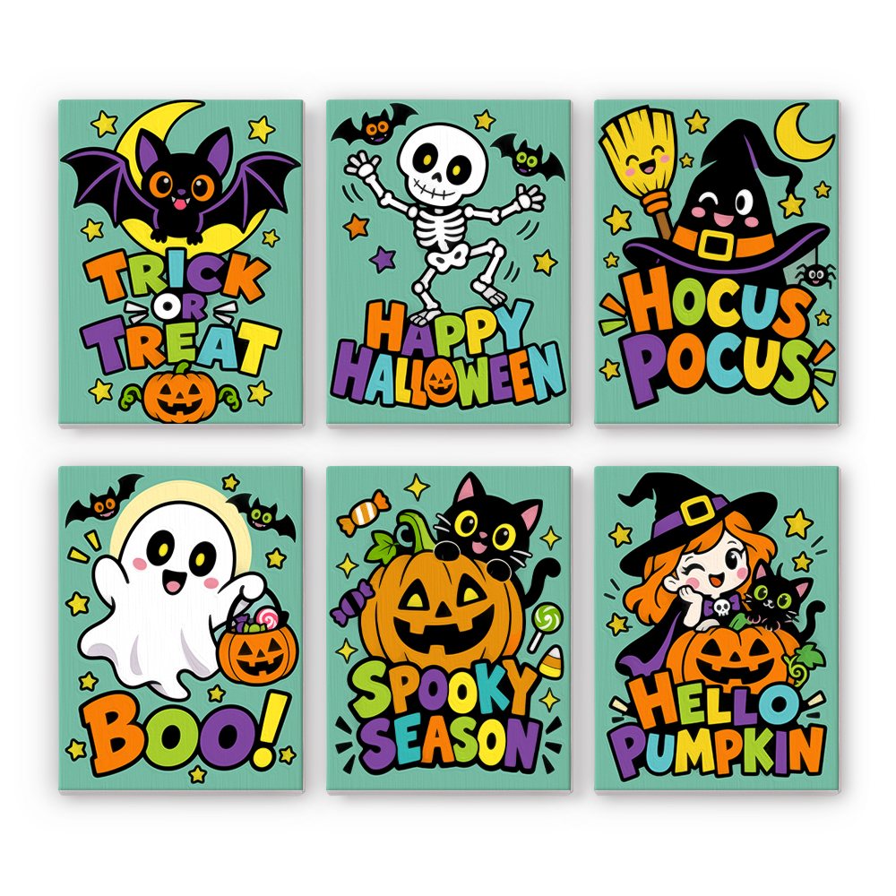 Spooky Season Slogans mini paint by numbers set: six bold Halloween slogans on teal with a bat, skeleton, witch hat, ghost, pumpkin and little witch