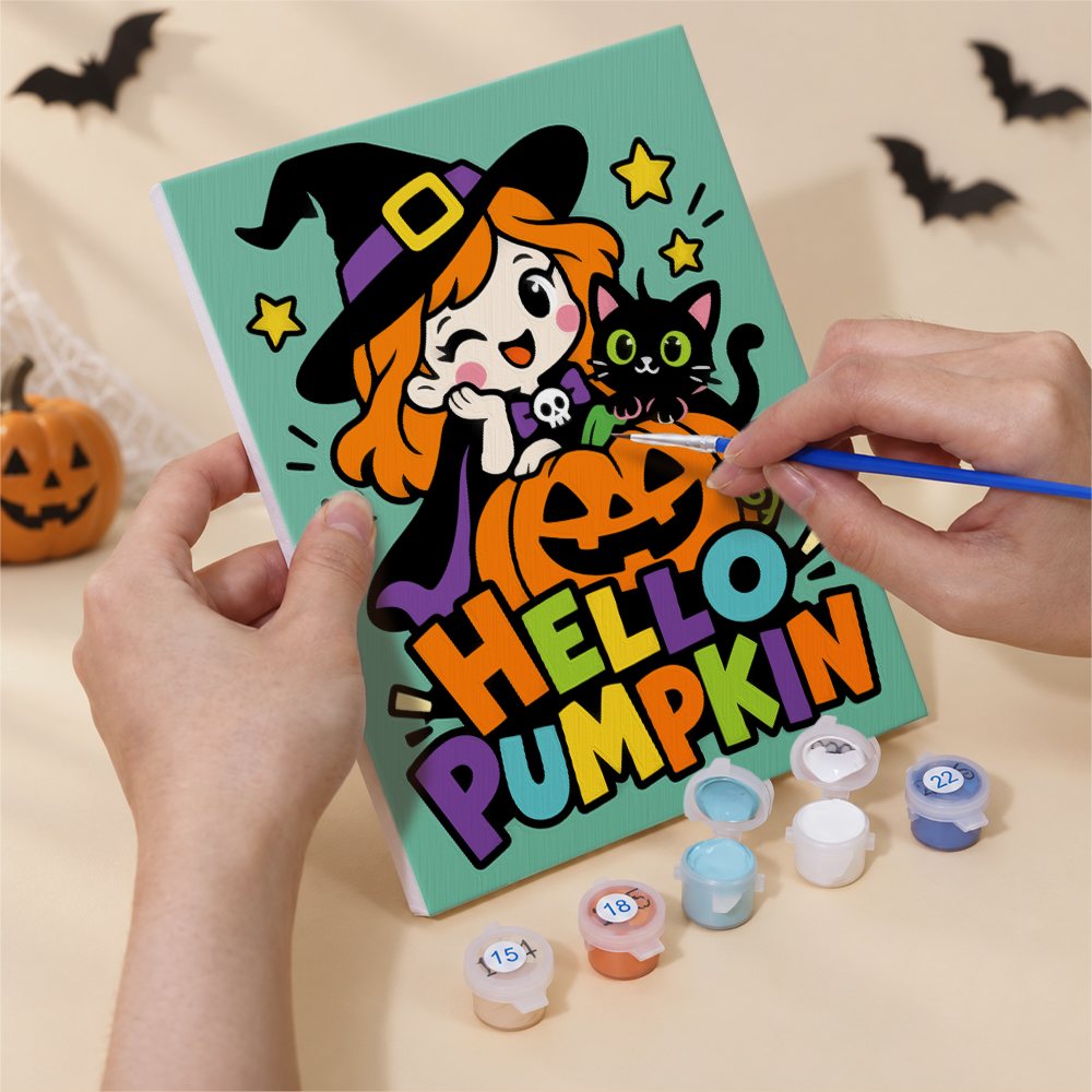 Numbered paint pots and brushes on a pre-stretched Spooky Season Slogans mini canvas