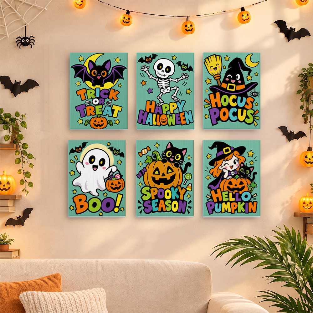 Before and after of a Spooky Season Slogans mini paint by numbers canvas