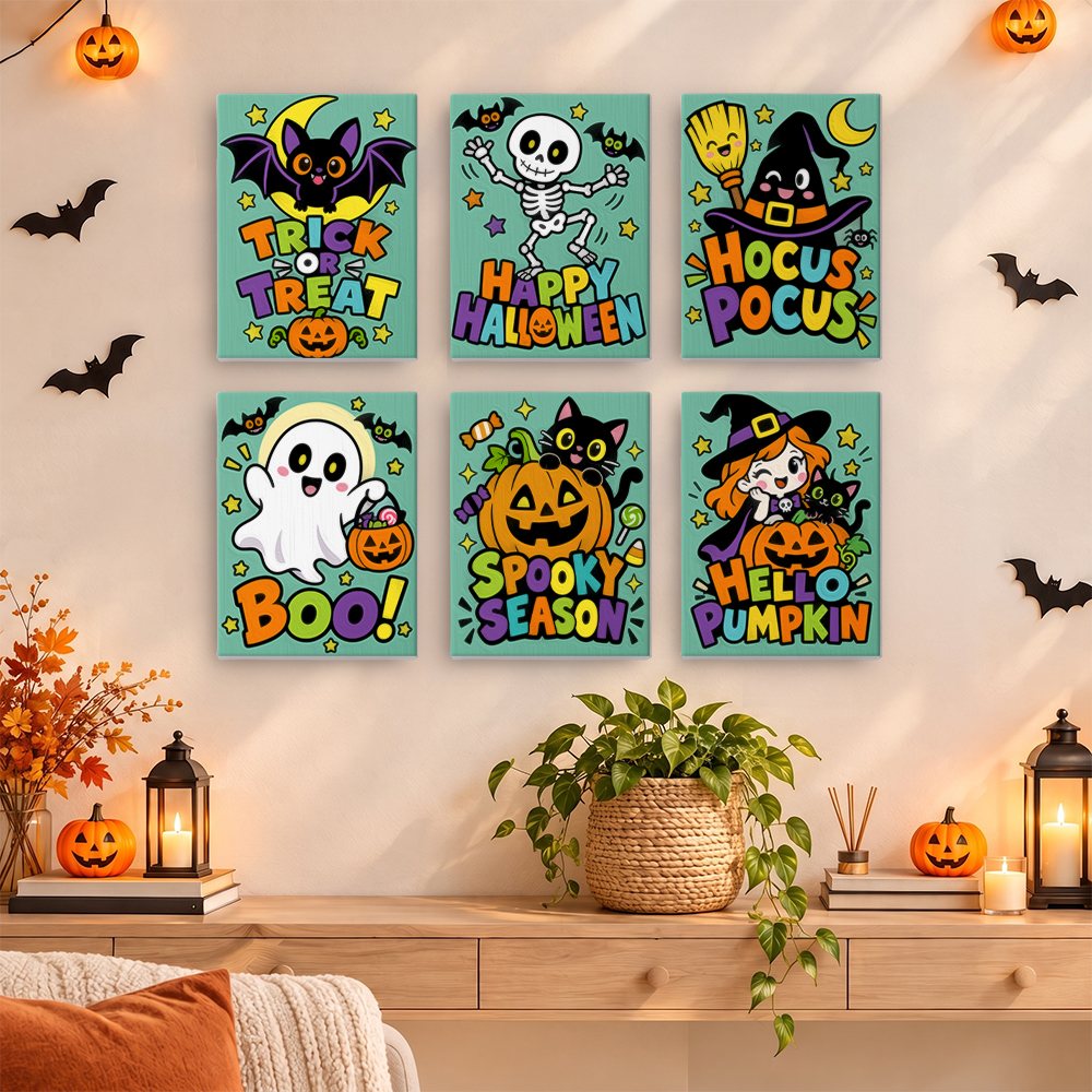 Painting a Spooky Season Slogans mini canvas propped up beside numbered acrylic paints