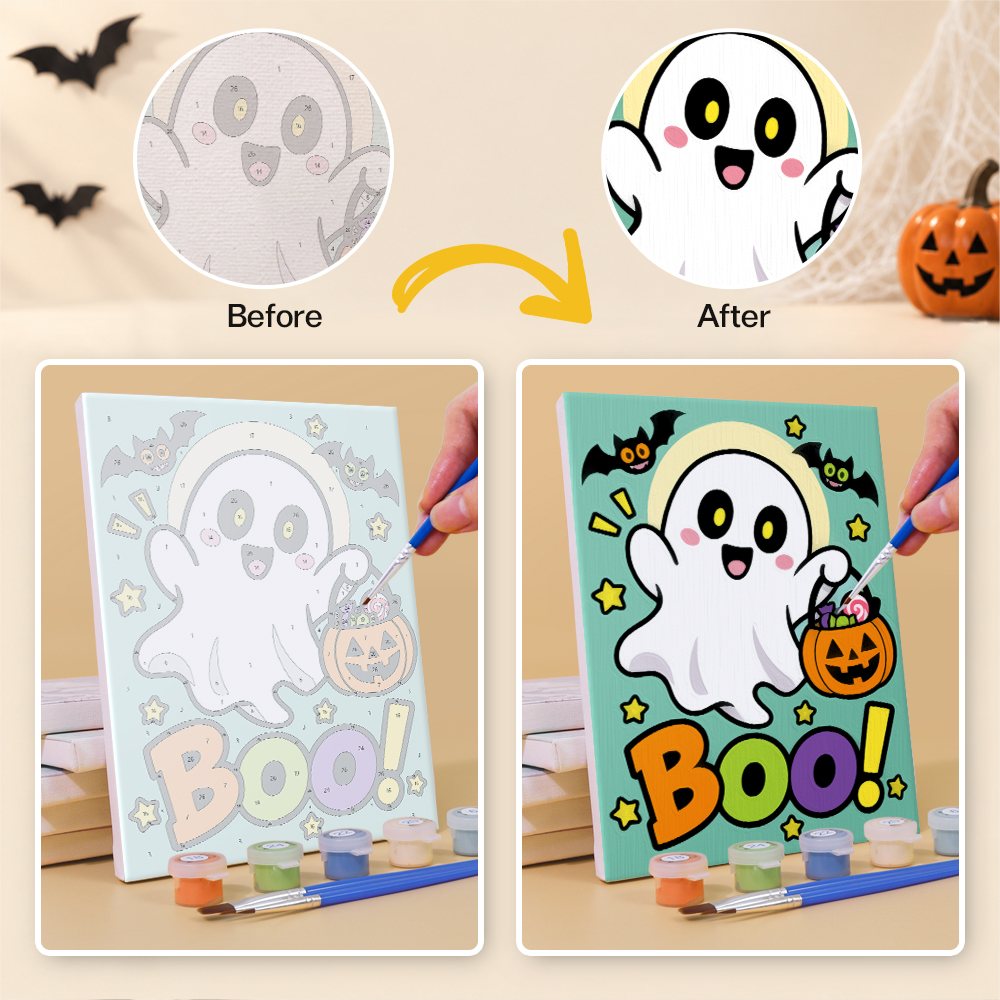 What's included without a frame: six rolled Spooky Season Slogans mini canvases, acrylic paints, three brushes and layout