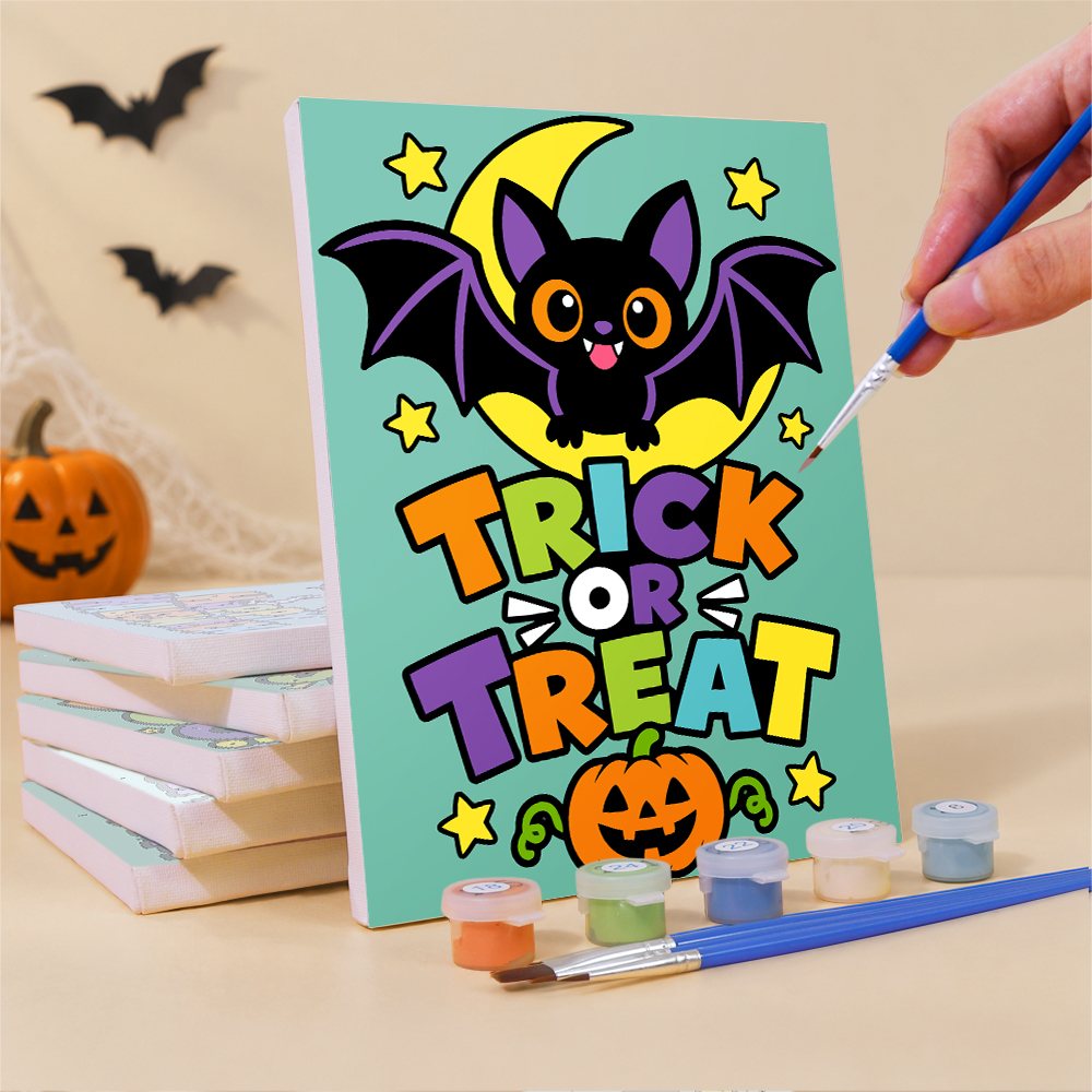What's included pre-stretched on frame: six framed Spooky Season Slogans mini canvases, paints, three brushes, hangers and layout