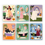 Spooky Spa Day mini paint by numbers set: six funny Halloween spa scenes with a witch, zombie, ghost, black cat, skeleton and vampire pampering themselves