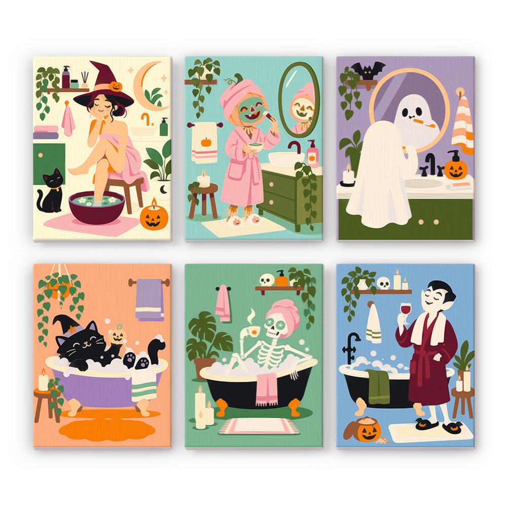 Spooky Spa Day mini paint by numbers set: six funny Halloween spa scenes with a witch, zombie, ghost, black cat, skeleton and vampire pampering themselves