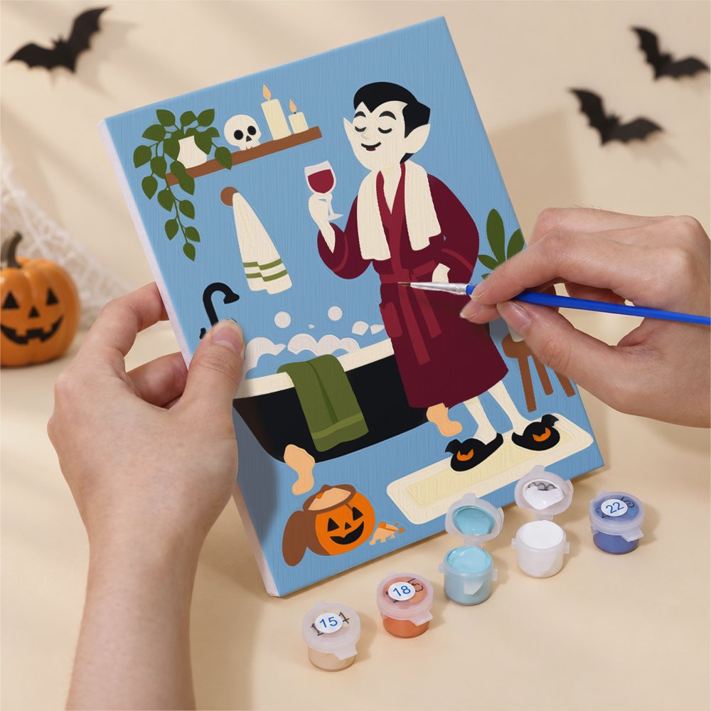 Numbered paint pots and brushes on a pre-stretched Spooky Spa Day mini canvas