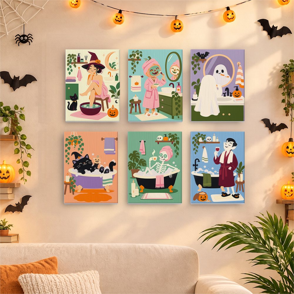 Before and after of a Spooky Spa Day mini paint by numbers canvas