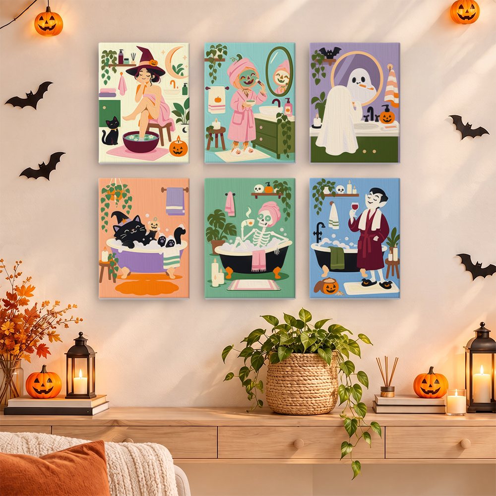 Painting a Spooky Spa Day mini canvas propped up beside numbered acrylic paints