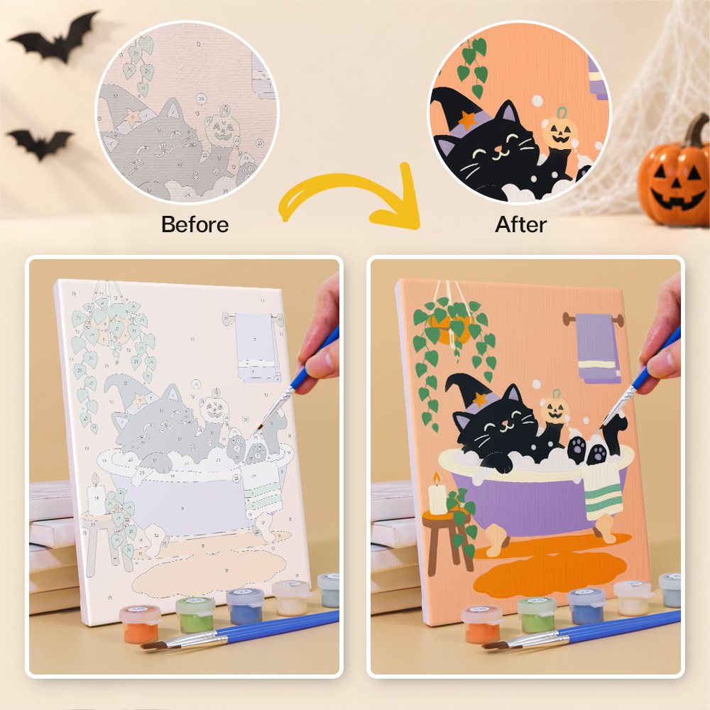 What's included without a frame: six rolled Spooky Spa Day mini canvases, acrylic paints, three brushes and layout
